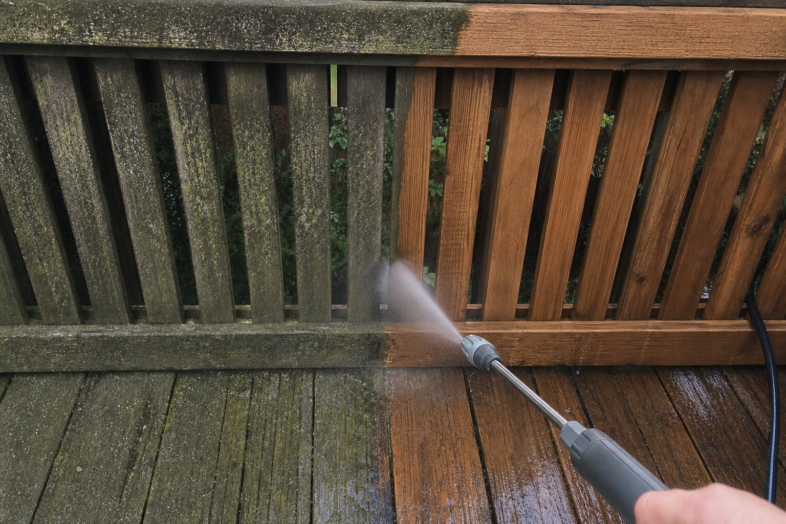 Terrasse en bois partiellement nettoyée avec la buse Jetterix