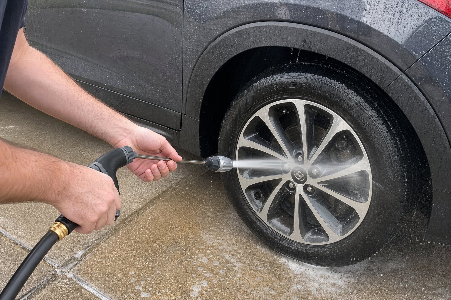Buse Jetterix utilisée pour nettoyer une roue de voiture
