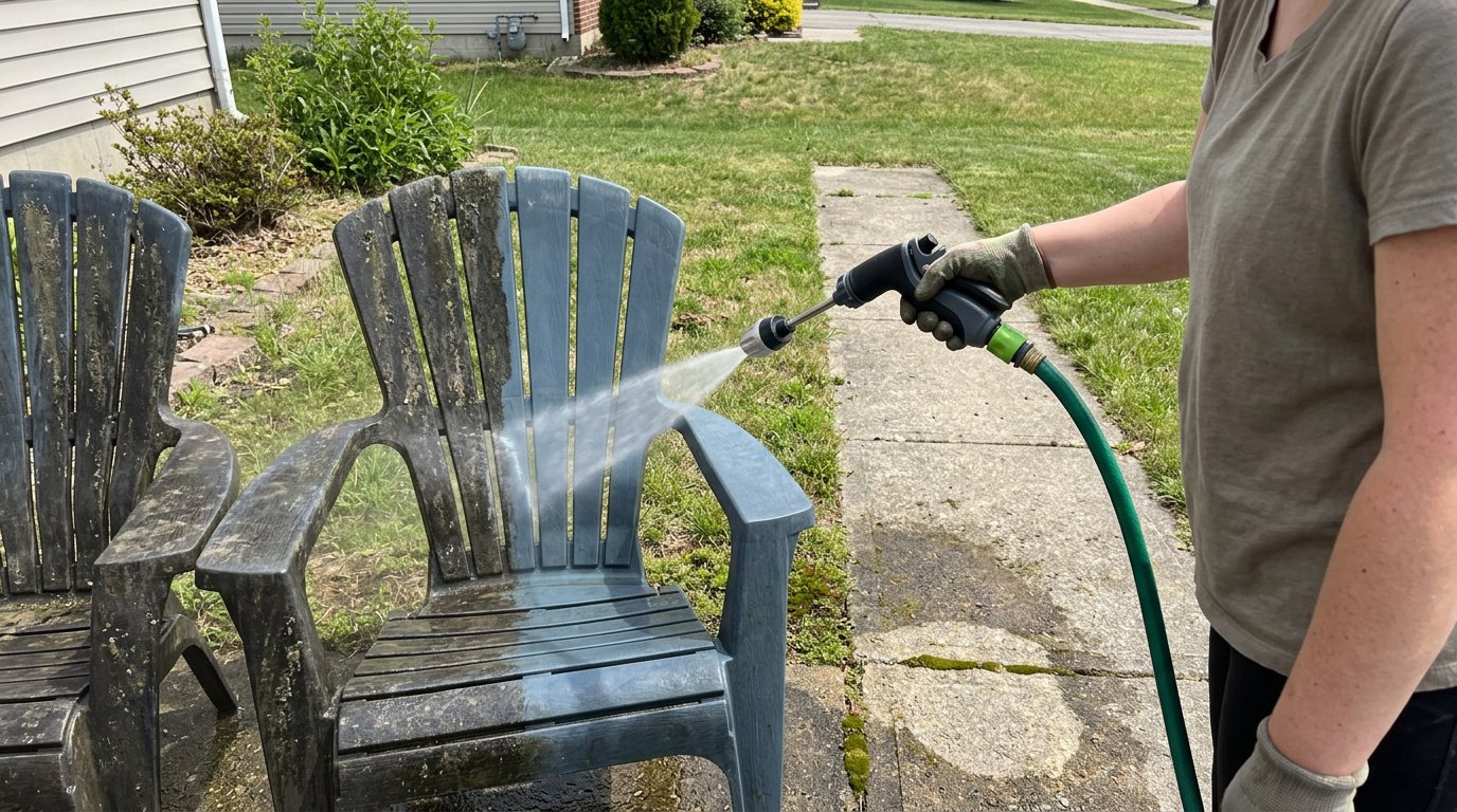 Buse Jetterix utilisée pour nettoyer du mobilier de jardin abîmé par les intempéries